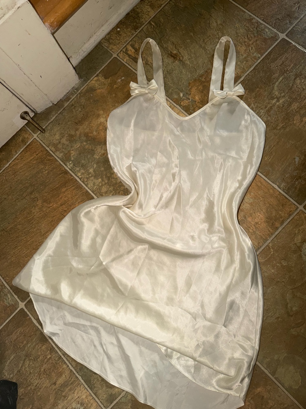 Silky Ivory Satin Slip Dress with bows accents - Women Intimates